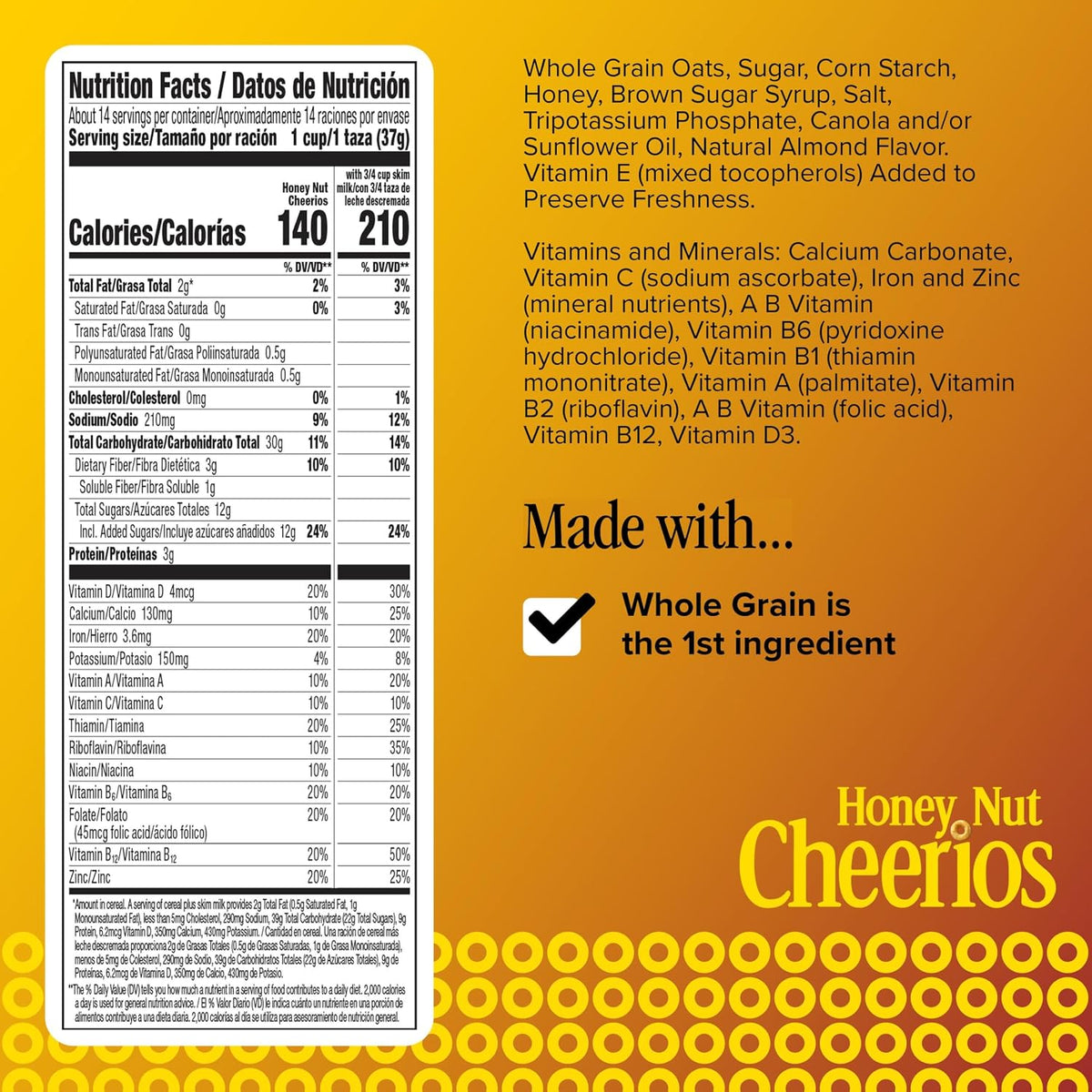 Whole grain oat Honey Nut Cheerios cereal box