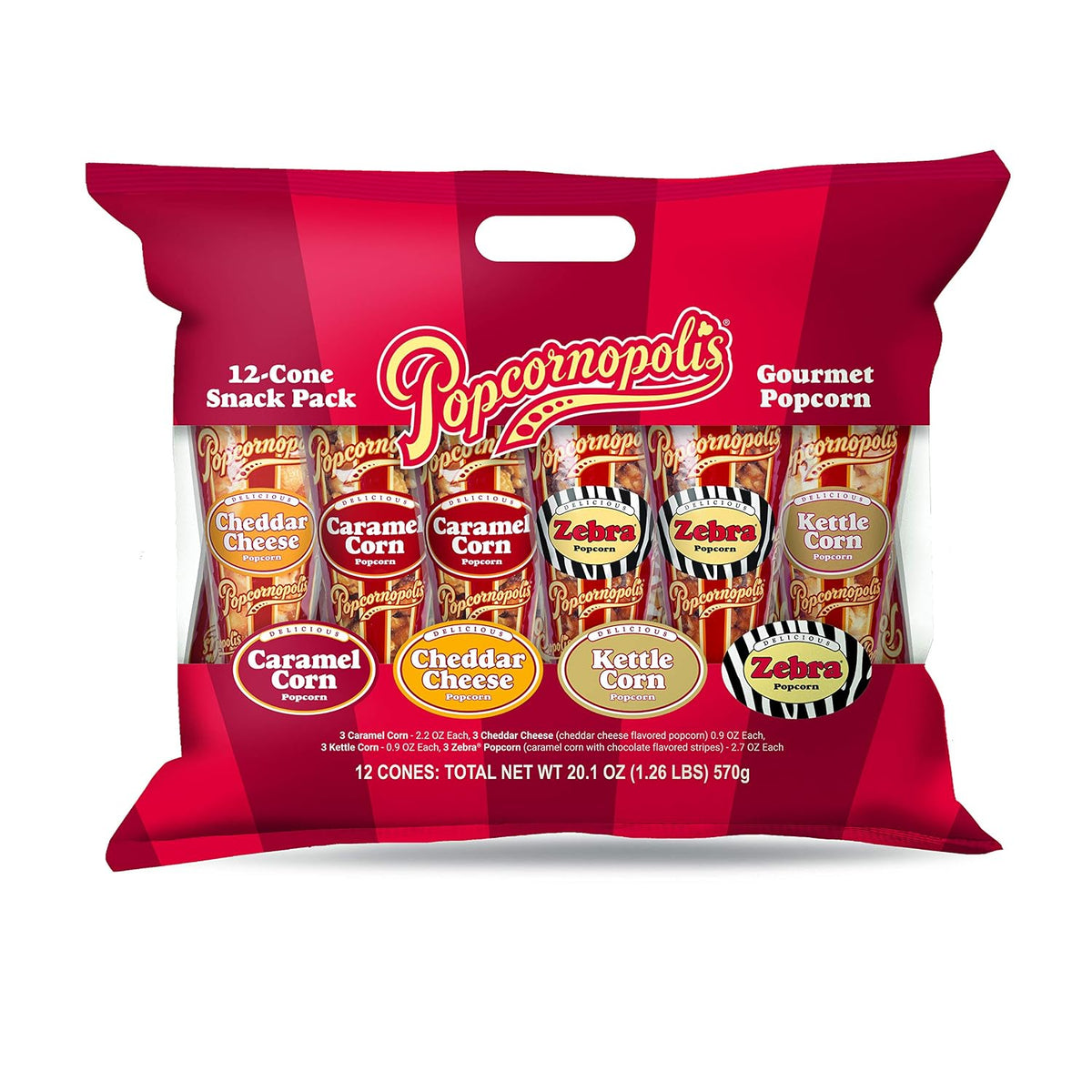 Popcornopolis mini popcorn cones with zebra caramel cheddar and kettle corn