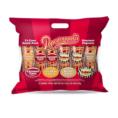 Popcornopolis mini popcorn cones with zebra caramel cheddar and kettle corn