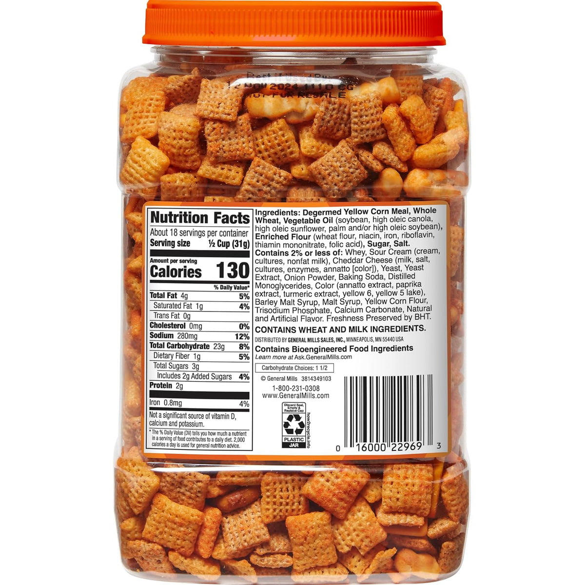 Chex Mix Cheddar party snack in shareable tub