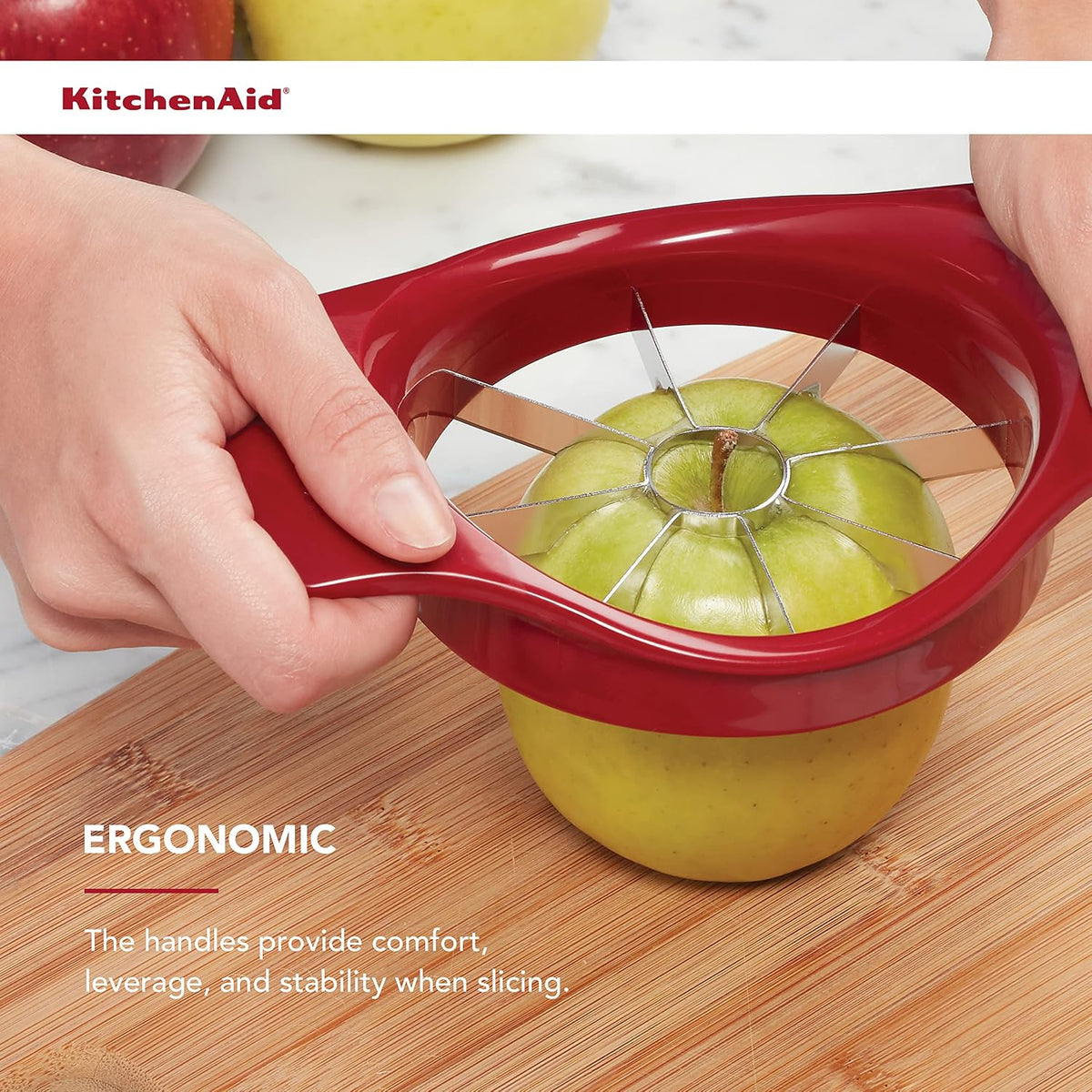 Classic red fruit slicer for uniform wedges