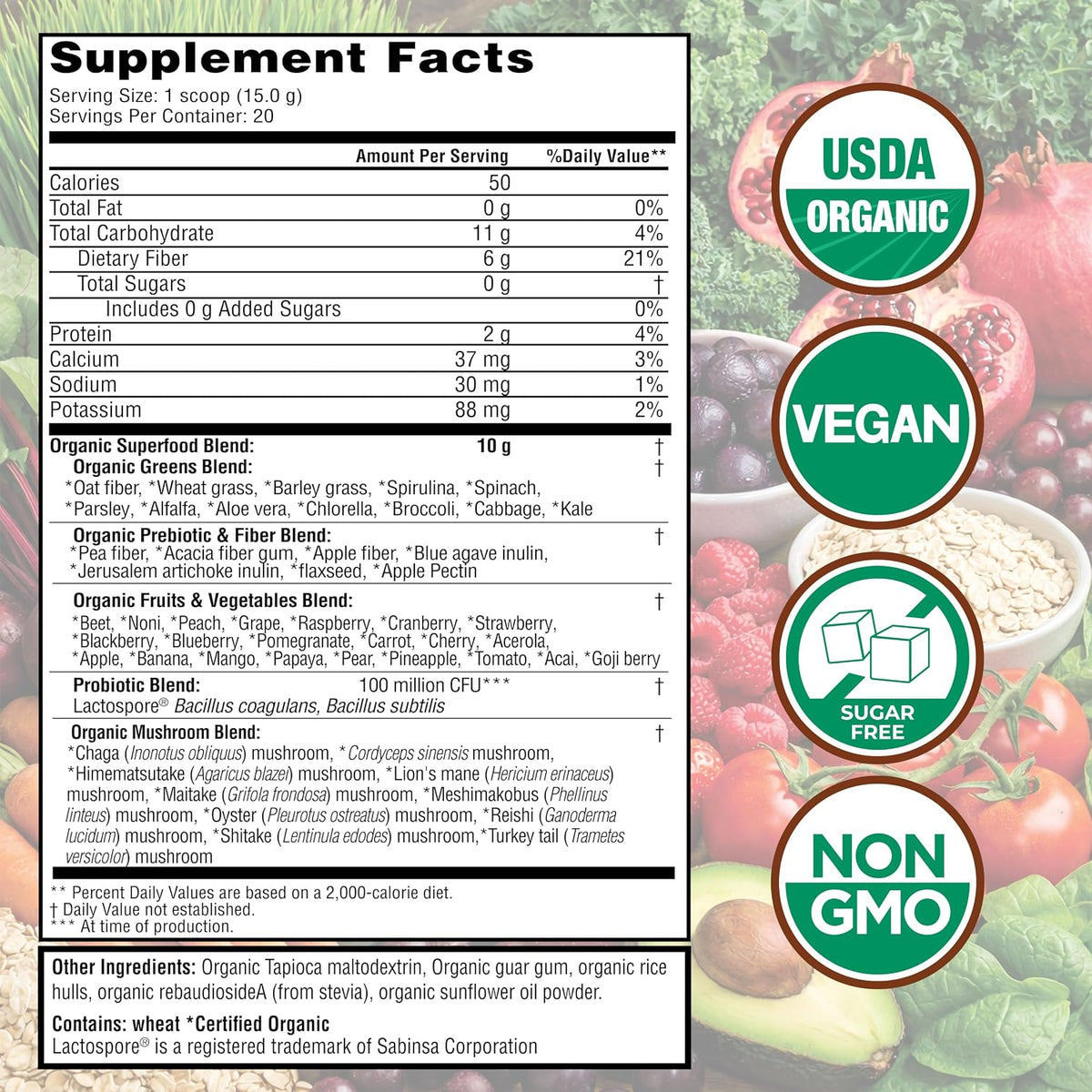 Organic super greens powder with fruits and vegetables