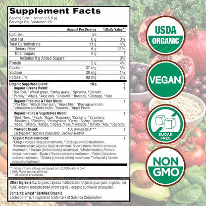Organic super greens powder with fruits and vegetables