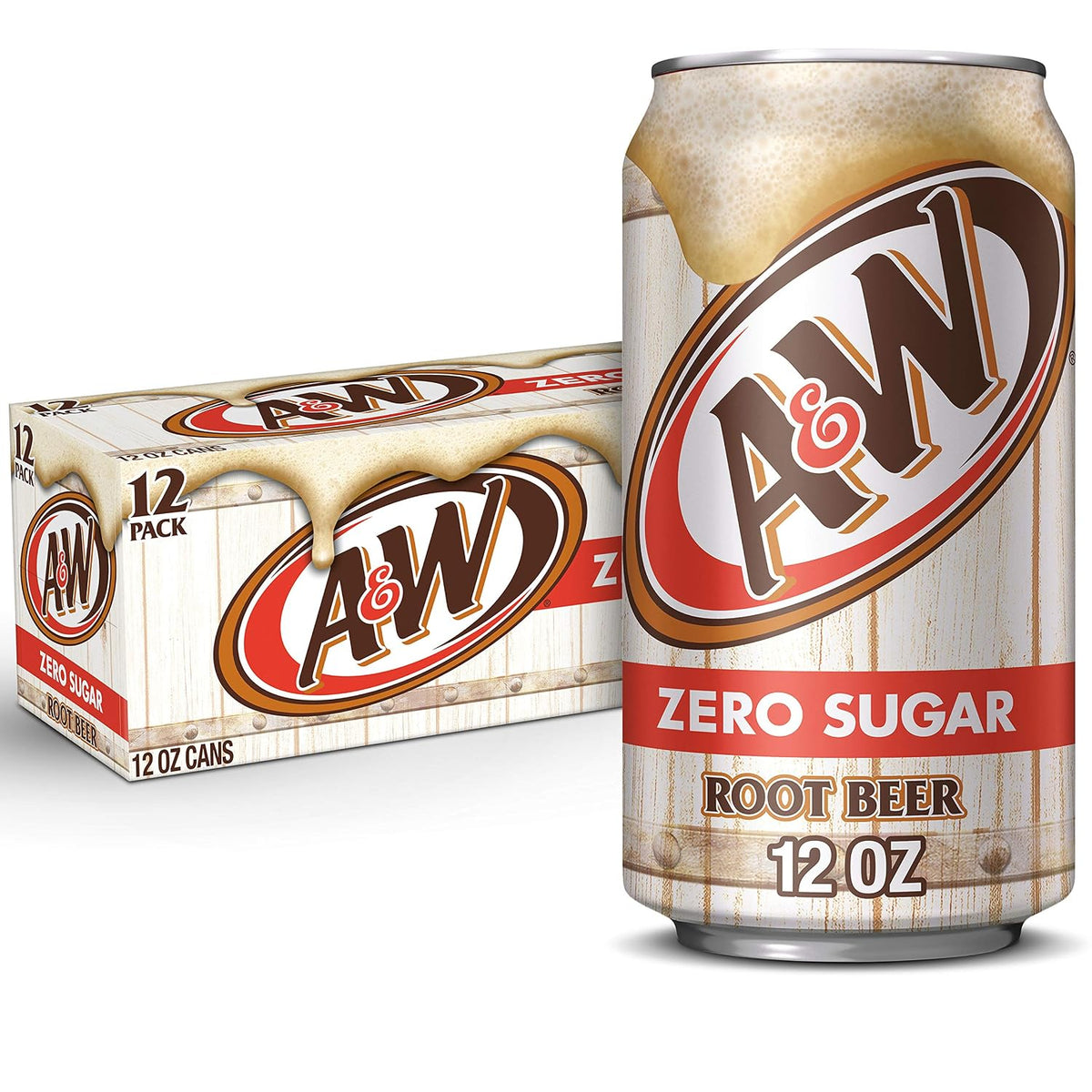 A&W Zero Sugar Root Beer soda cans front view