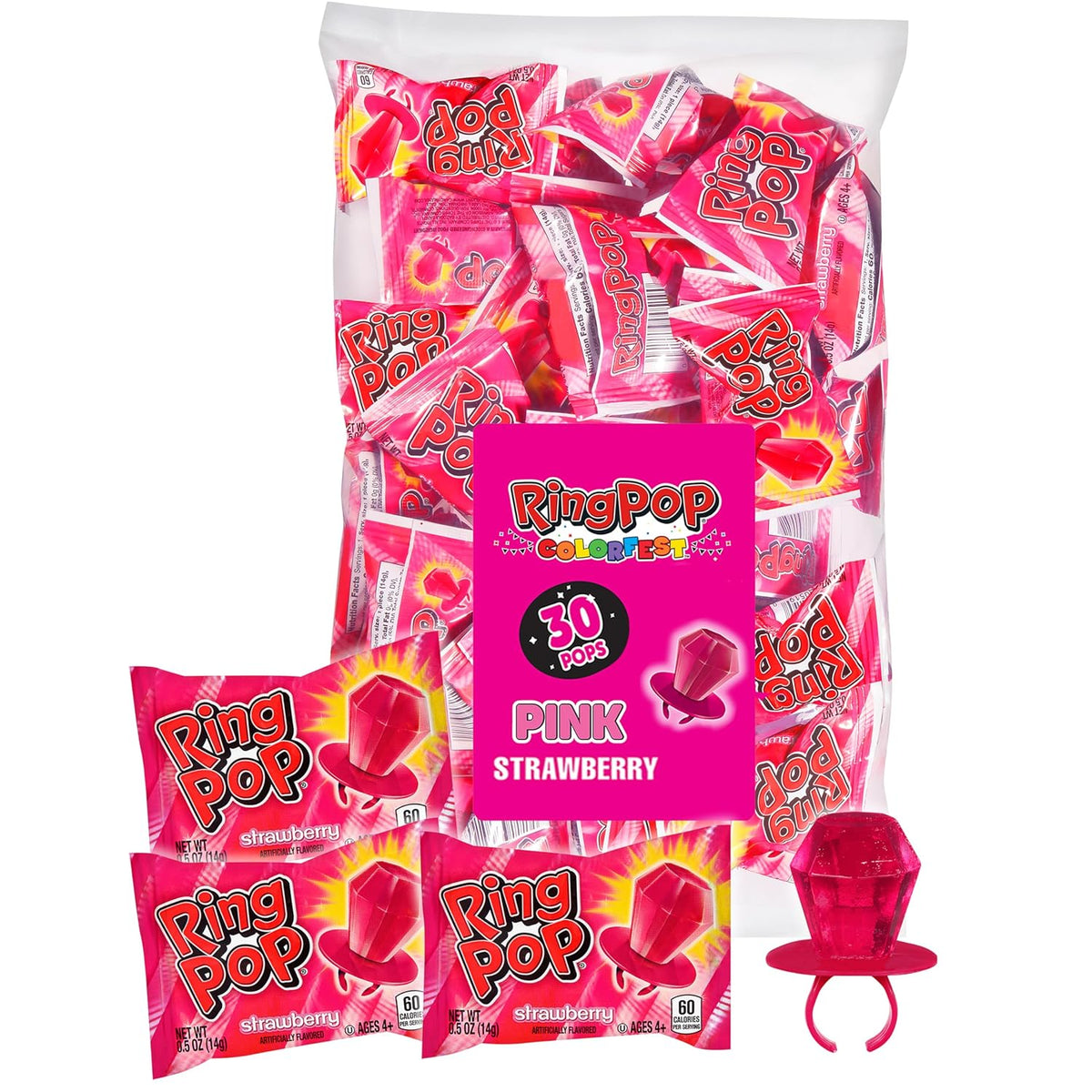 Individually wrapped pink Ring Pop candy for parties