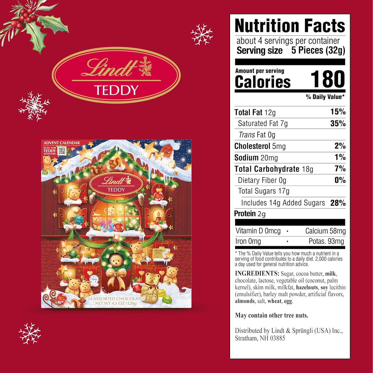 Festive Lindt chocolate advent calendar 4.5 oz box