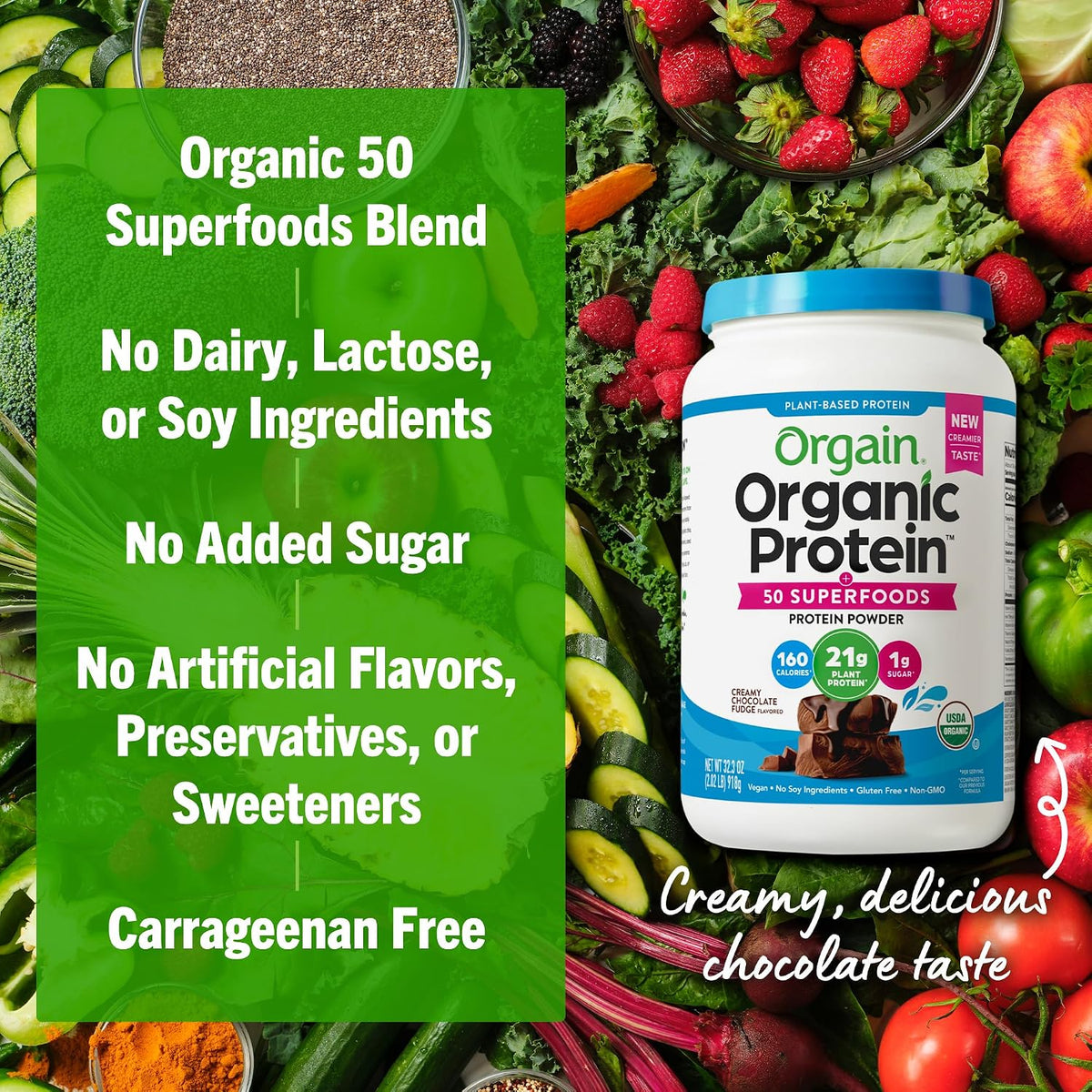Orgain creamy chocolate fudge protein powder container