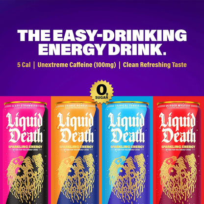 Liquid Death Strawberry Orange Murder Mystery energy drinks