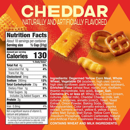 Resealable tub of Chex Mix Cheddar snack mix