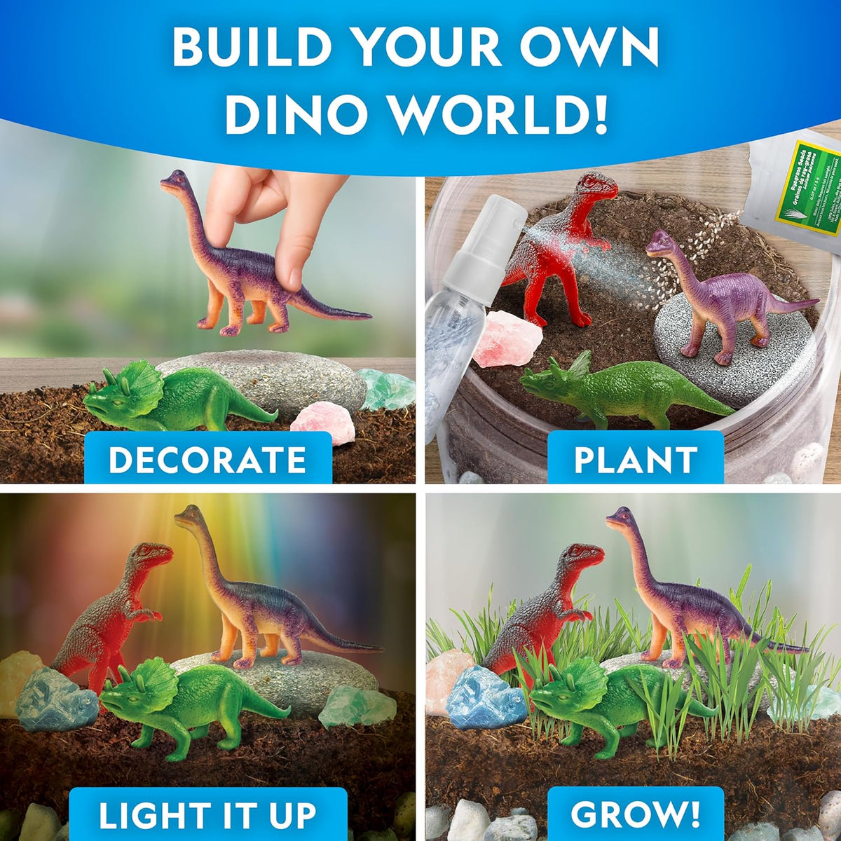 Kids science kit with dinosaur figures and rocks
