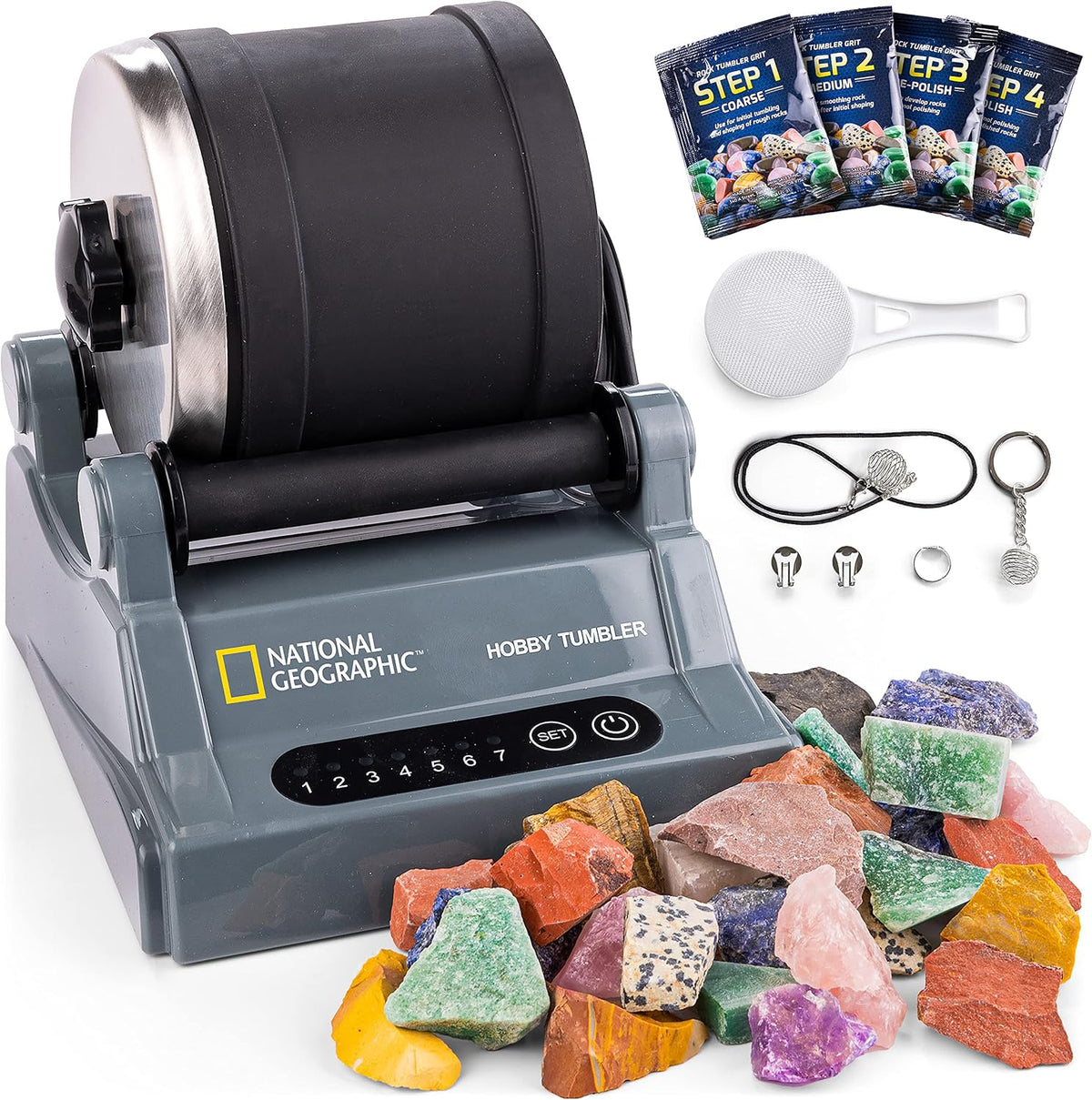 Complete rock tumbler kit with polishing grits and gemstones