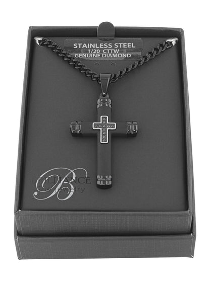 Black diamond accent cross pendant and black stainless steel chain
