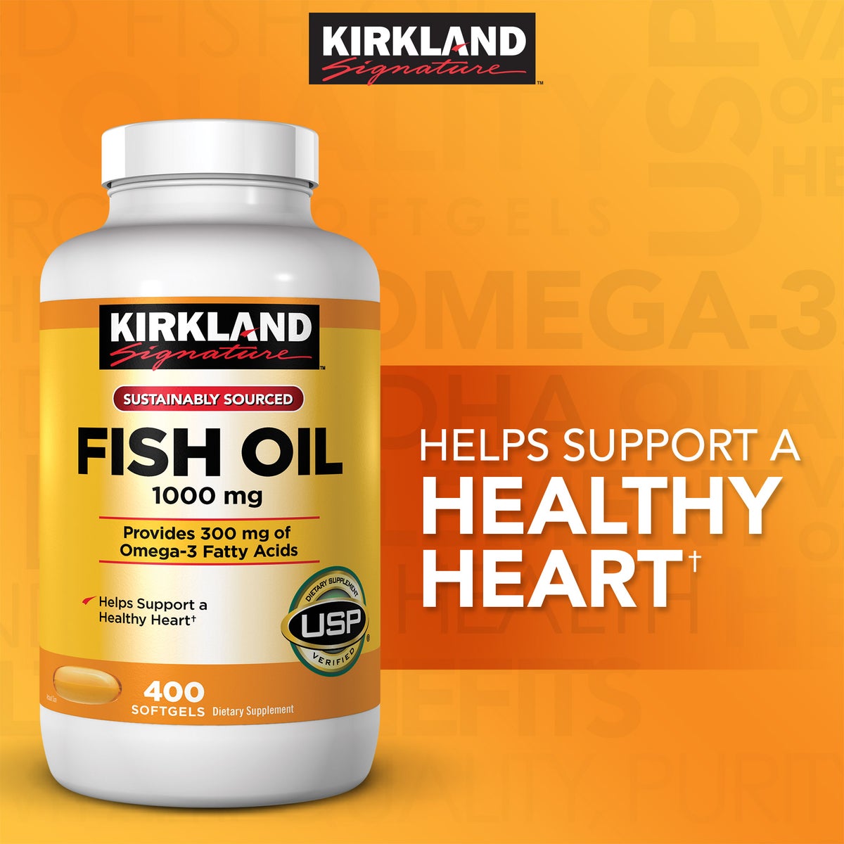 Kirkland Signature omega-3 fish oil supplement front label