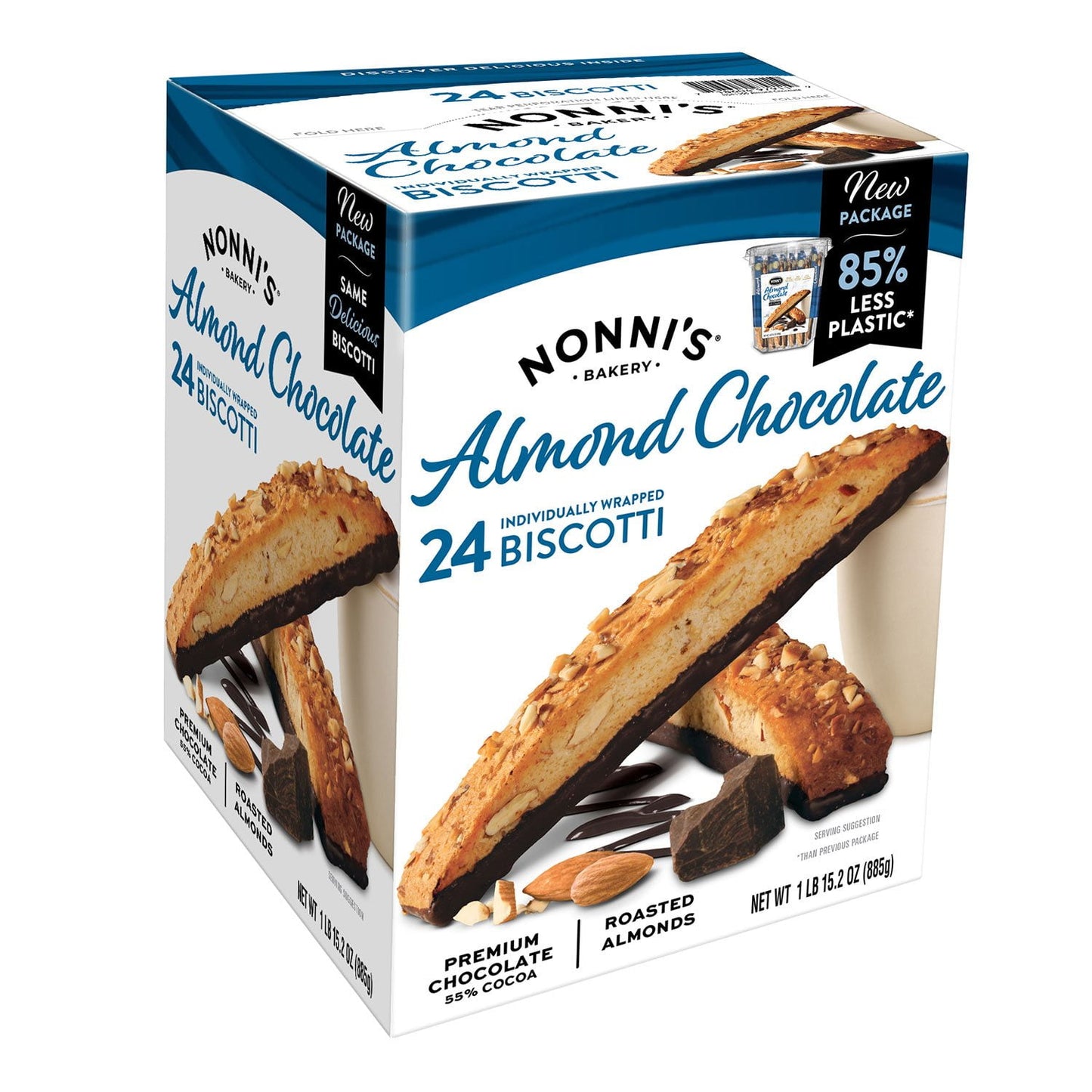Nonni's Almond Chocolate Biscotti 24 ct with dark chocolate and almonds