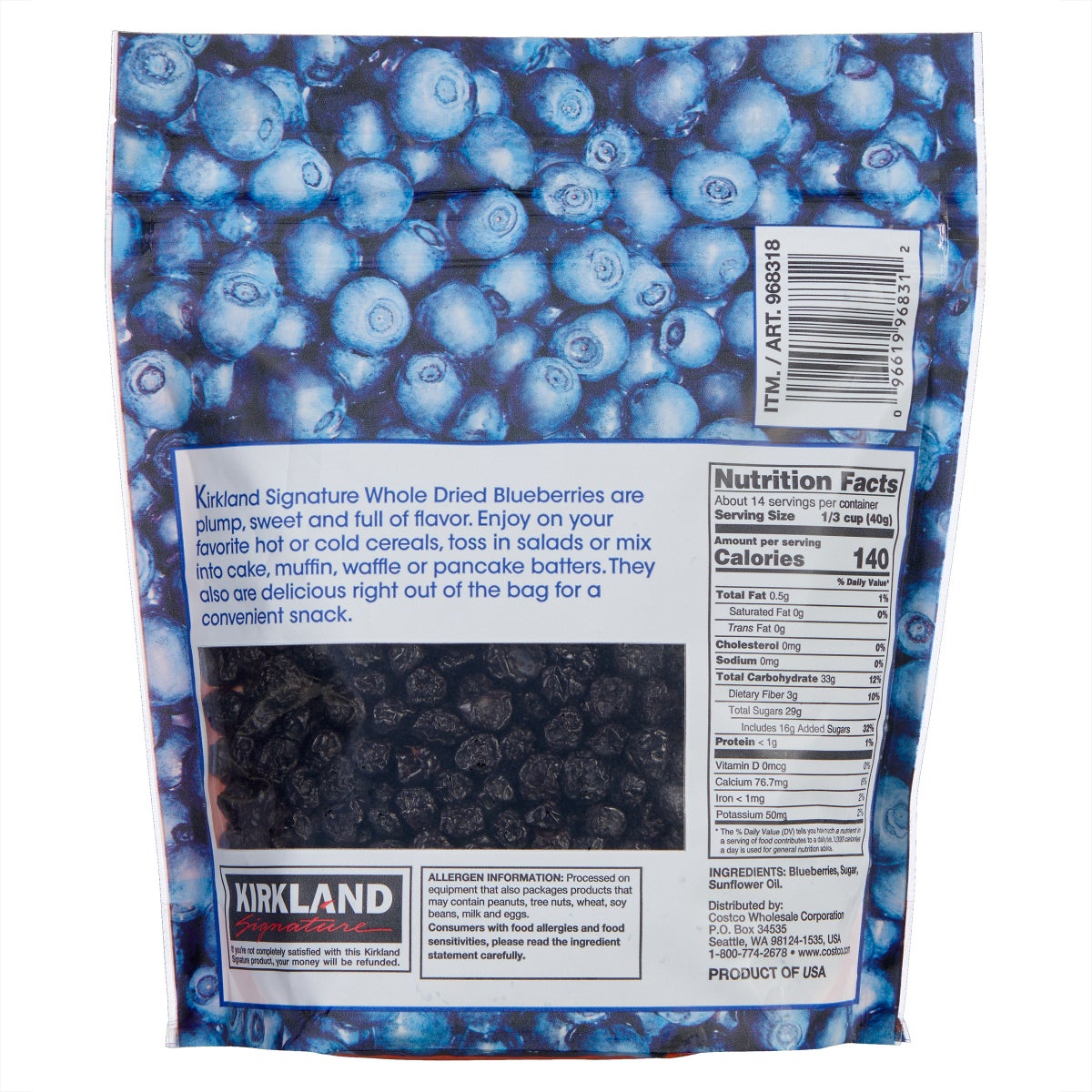 Resealable bag of Kirkland Signature dried blueberries
