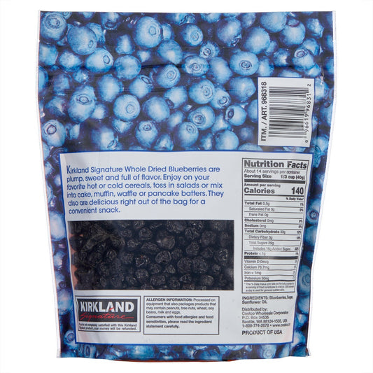 Resealable bag of Kirkland Signature dried blueberries