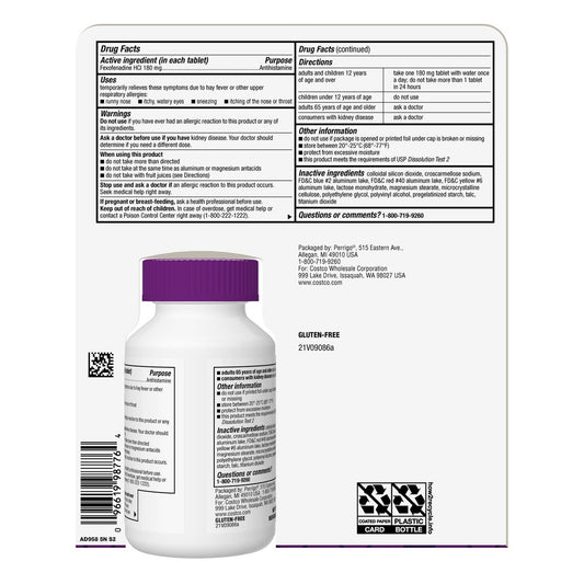 Kirkland Signature Aller-Fex 180 tablet count package