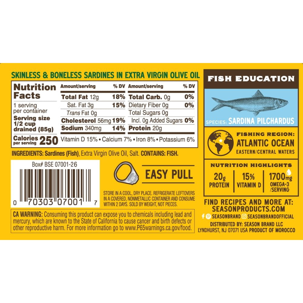 Wild-caught sardine fillets in extra virgin olive oil tins