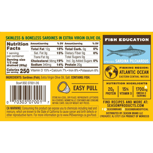 Wild-caught sardine fillets in extra virgin olive oil tins