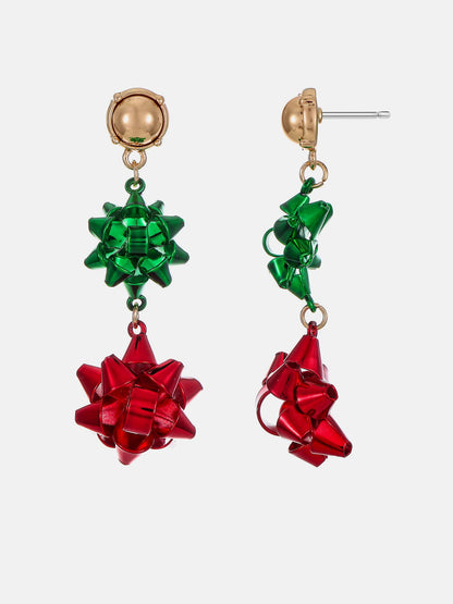 Christmas gift-bow drop earrings in red and green