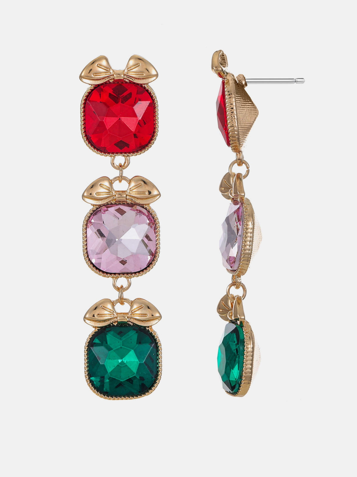 Holiday Time three-link gift earrings in red, green and pink