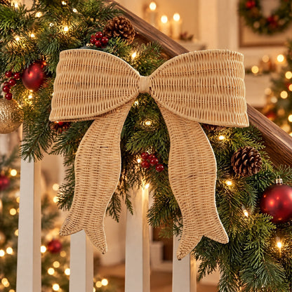 Beige Christmas bow with open-weave rattan texture