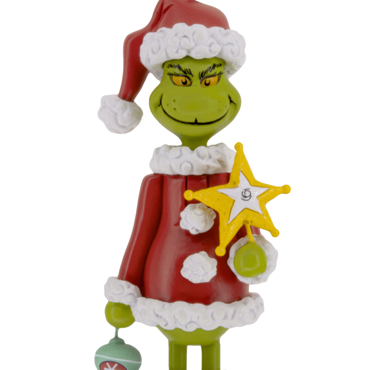 Grinch Christmas ornament holding an ornament and star topper