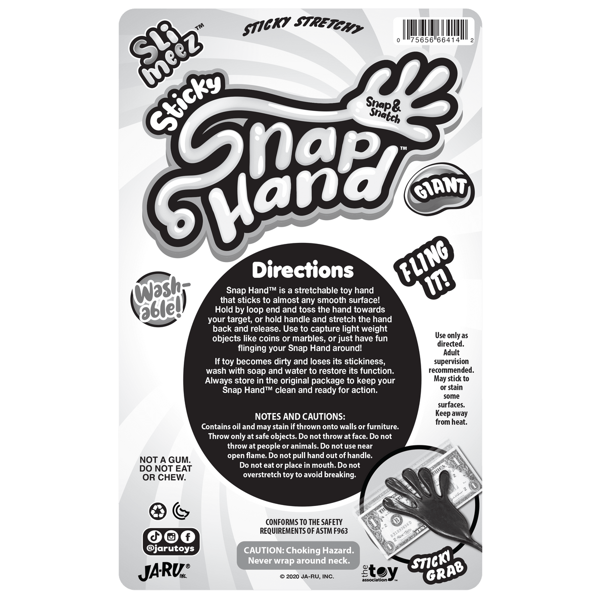 Giant stretchy snap hand for sling-and-grab play