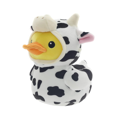 QUACKERZ plush duck wearing a black-and-white spotted cow outfit