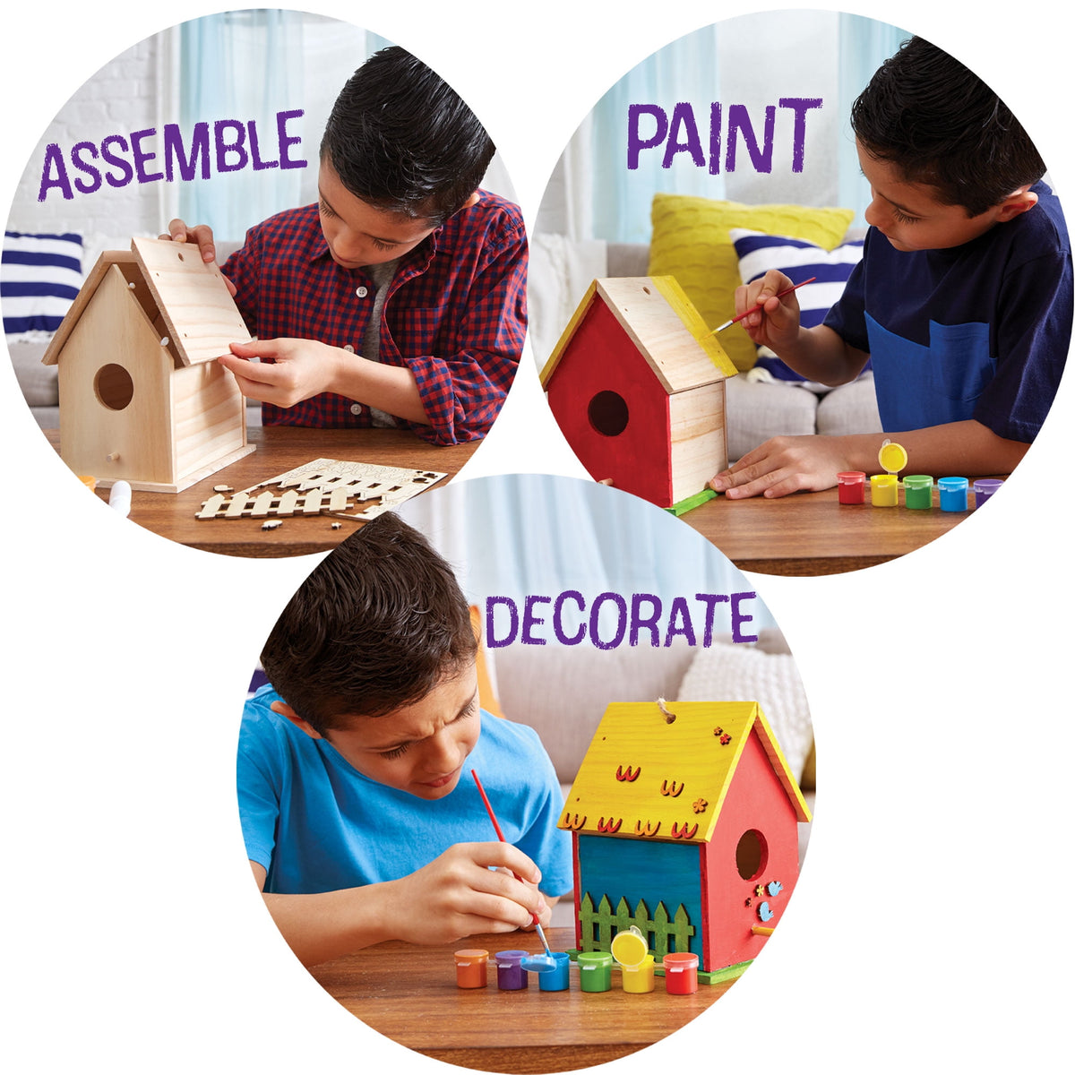 Paint-your-own birdhouse kit with pre-cut wooden pieces