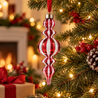 Red and white striped glass Christmas ornament, 6.5 inches