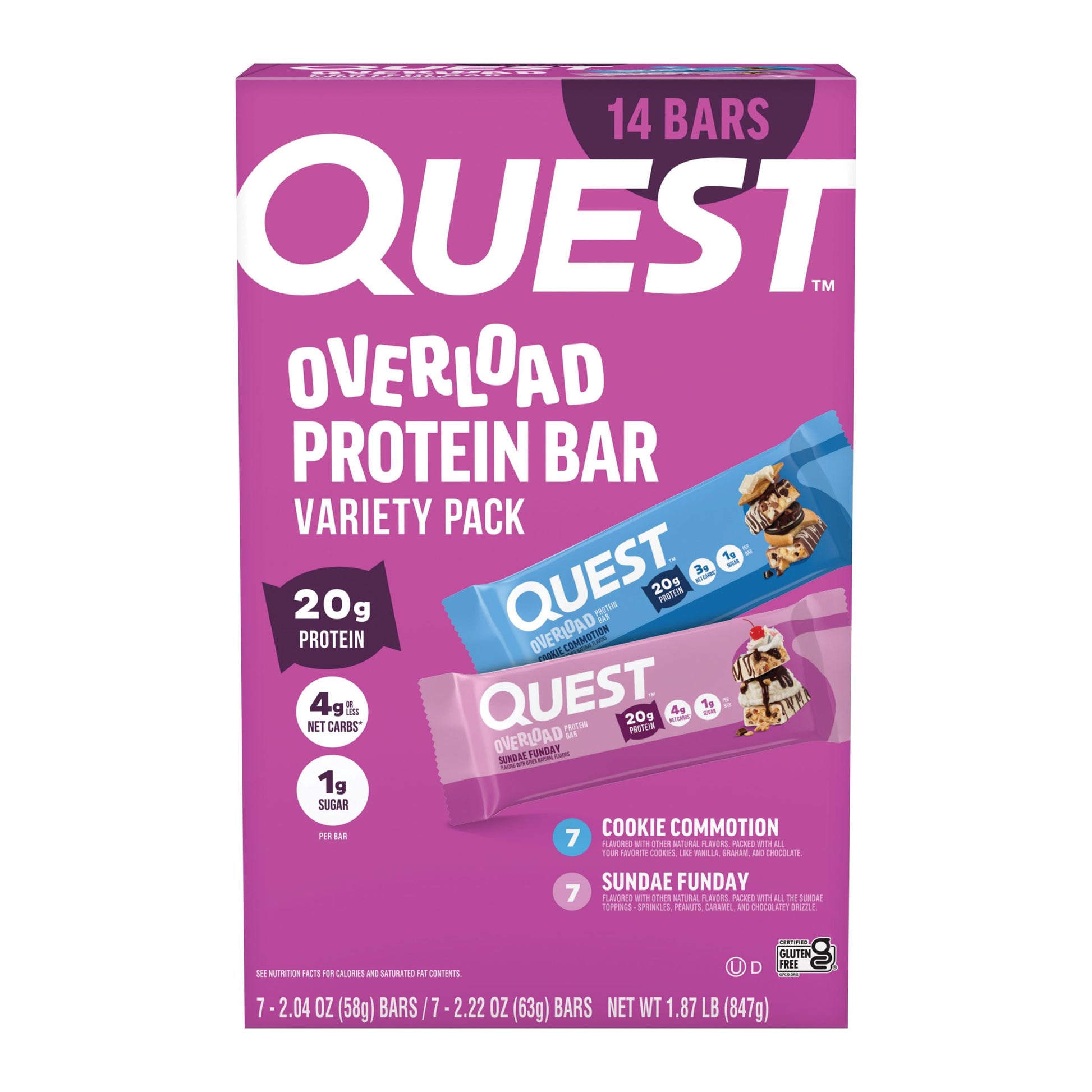 Quest Overload Protein Bar variety pack with 14 bars