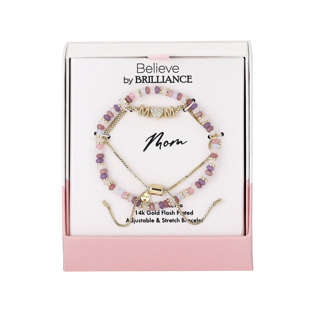 Pink stretch beaded bracelet and adjustable Mom charm bolo bracelet