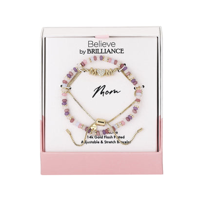 Pink stretch beaded bracelet and adjustable Mom charm bolo bracelet