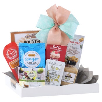 Wine Country gourmet spring gift tray with cheese spread crackers olives pretzels and sweets