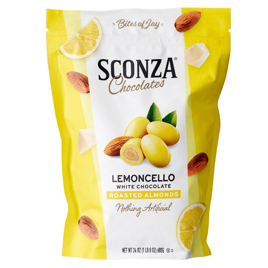 Sconza Lemoncello white chocolate almonds in 24 oz bag
