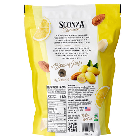 Roasted almonds coated with white chocolate and lemon crème