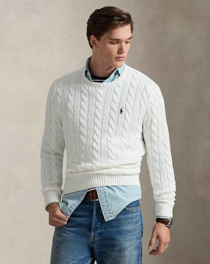 Cable-knit cotton sweater with embroidered Pony