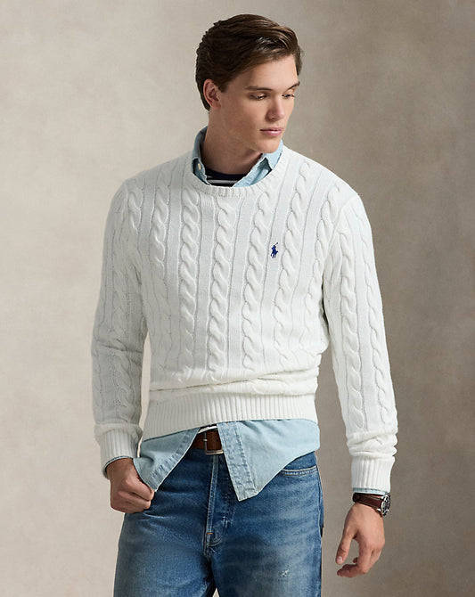 Cable-knit cotton sweater with embroidered Pony